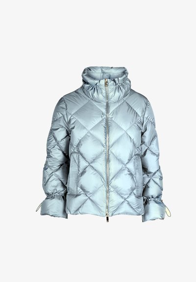 Light blue quilted puffer jacket with a high collar, central zipper closure, and elasticized cuffs. Textured diamond pattern throughout.