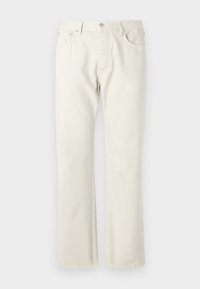 Vaqueros rectos color beige claro, fabricados en denim de algodón. Cuentan con bolsillos, un cierre clásico de botón y una textura sutil sin patrones.