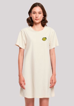 Cremfarbendes T-Shirt-Kleid aus weicher Baumwolle, mit kurzen Ärmeln und rundem Halsausschnitt, versehen mit einer kleinen grünen Zitronenstickerei auf der Brust.