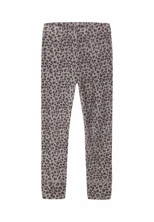 Detské sivé legíny s tmavosivým leopardím vzorom, elastickým pásom a lemami na členkoch.