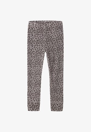 Leggings gris pour enfants avec motif léopard gris foncé, taille élastique et bords aux chevilles.