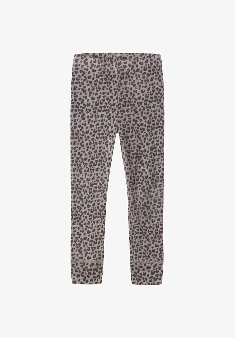 Leggings gris pour enfants avec motif léopard gris foncé, taille élastique et bords aux chevilles.