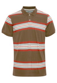 Polo marron avec des rayures horizontales en bleu, rouge et blanc. Doté d'un col avec boutonnière à deux boutons, confectionné en tissu doux.