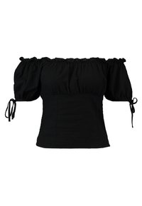 Top nero off-the-shoulder con maniche a sbuffo, scollatura elastica e dettagli con cordoncino. Corpetto aderente con una texture liscia e una forma ben sagomata.