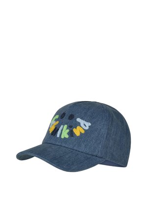 Blue denim baseball cap with colorful embroidered letters and dots in a curved pattern on the front panel.