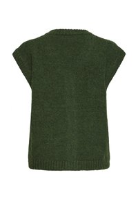 Pull sans manches tricoté vert foncé avec encolure, emmanchures et ourlet côtelés, vu de dos sur fond blanc.