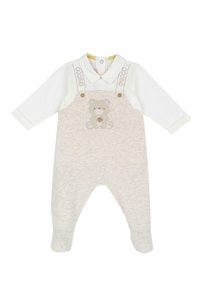 Salopette pour bébé en coton beige avec manches longues blanches, ornée d'une broderie d'ours sur la poitrine, bretelles ajustables et boutons décoratifs.