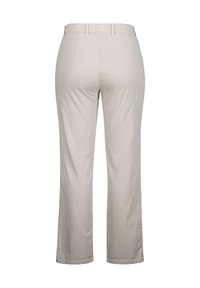 Pantaloni beige con gamba dritta, vita sartoriale e pinces sul retro per una migliore vestibilità. Tessuto liscio, senza motivi visibili o dettagli decorativi.
