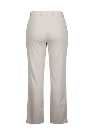 Beżowe spodnie z prostymi nogawkami, dopasowanym paskiem w talii oraz zaszewkami z tyłu dla lepszego dopasowania. Gładka powierzchnia materiału, bez widocznych wzorów czy akcentów.