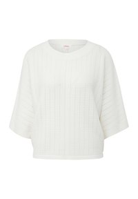 Pull blanc à manches courtes avec un motif texturé côtelé, doté d'un col rond et d'une coupe ample et décontractée.
