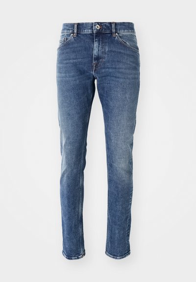 Dark blue denim jeans with a straight cut, faded detailing, five-pocket design, and silver hardware at the waistband.