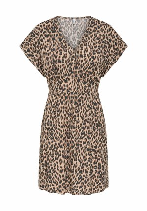 Lühike leopardimustriga kleit V-kaeluse, lühikeste varrukate ja talje joonitud lõikega, beeži, pruuni ja musta toonides.