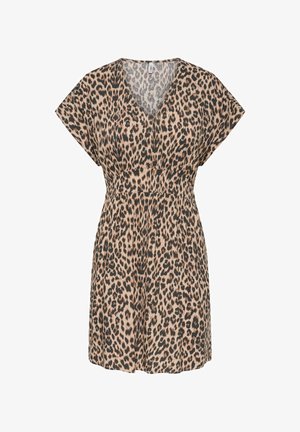 Lühike leopardimustriga kleit V-kaeluse, lühikeste varrukate ja talje joonitud lõikega, beeži, pruuni ja musta toonides.