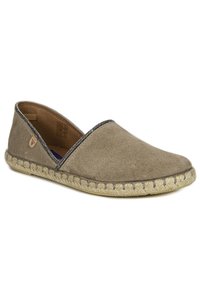Zapato de ante gris sin cordones con suela de yute trenzado, que presenta un borde metálico a lo largo de la parte superior y un diseño de puntera redondeada.
