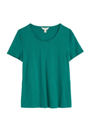 Teal short-sleeve t-shirt featuring a wide scoop neckline and soft, lightweight fabric with slight texture.