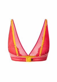 Kanten bralette in een levendig rood met gele bandjes en een mesh ontwerp. Voorzien van een diepe V-hals en verstelbare bandjes voor een goede pasvorm.