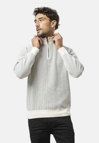 Hellgrau gestreifter Pullover mit halbem Reißverschluss, geripptem Textil und cremefarbenen Akzenten am Kragen und an den Bündchen. Schwarze Hosen sichtbar darunter.