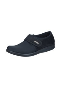 Black slip-on shoe made from a mix of smooth and textured materials. Features a velcro strap and a flexible rubber sole for comfort.