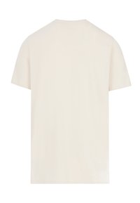 Beżowa koszulka z krótkim rękawem i okrągłym dekoltem. Gładka, jednolita tekstura; widok z tyłu bez widocznych grafik lub akcentów.