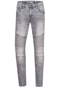Jeans in denim grigio con un finish sbiadito, caratterizzati da accenti rigati sulle ginocchia e dettagli di cucitura sottili. Design classico a cinque tasche.