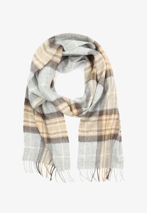Gray and beige plaid scarf made of soft material, featuring frayed edges and a lightweight, cozy design suitable for layering.