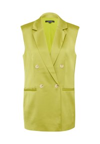 Ärmelloses, doppelt geknöpftes Weste aus leuchtend grünem Satin. Verfügt über zwei Seitentaschen, hellfarbene Knöpfe und ein Reversdesign.