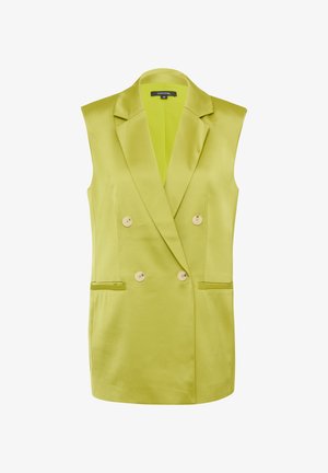 Bez rękawów, podwójnie zapinana kamizelka w intensywnym, limonkowym satynie. Posiada dwie przednie kieszenie, jasne guziki oraz klapę z wycięciem.