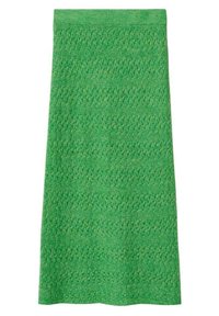 Grüne, gestrickte Midirock mit strukturiertem Zickzackmuster, ausgestattet mit einem taillierten Bund und einem geraden Schnitt, der eine fließende Silhouette gewährleistet.