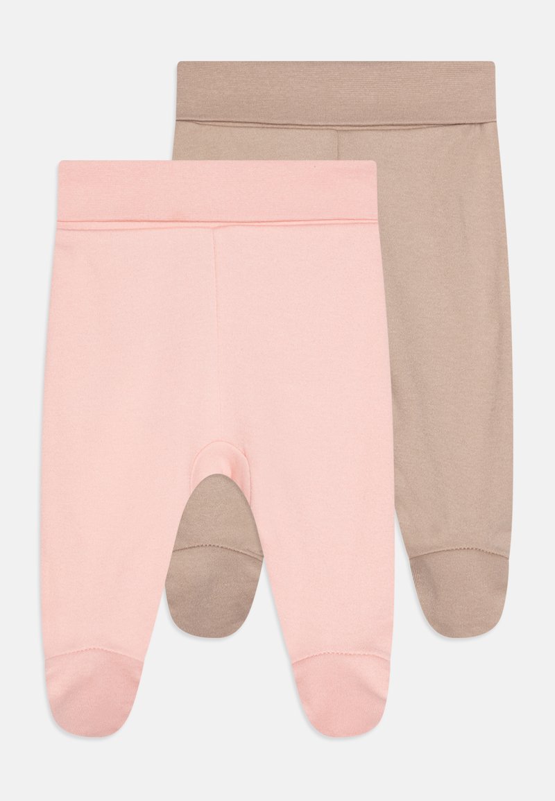 Two pairs of baby tights: one in soft pink, one in light brown, both with footed design, stretchable waistband, and smooth fabric texture.