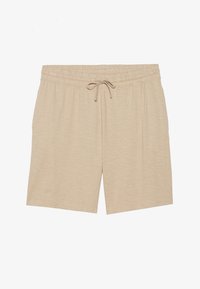 Beige lounge shorts made from lightweight material, featuring an elastic waistband with a drawstring. Simple design, knee-length cut.
