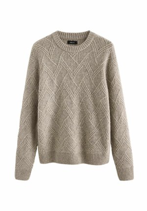 Hellbeige gestrickter Pullover mit einem strukturierten Rautenmuster, rundem Halsausschnitt und gerippten Bündchen und Saum.