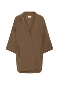 Rudas perdžiausias kardiganas su įpjautu apykakle, vienu mygtuko uždarymu, šoniniais kišenėmis ir minkšta tekstūra. Yra laisvas kirpimas ir sklandžios linijos.