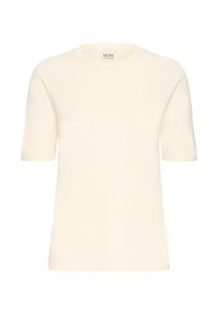 T-shirt en maille côtelée à manches courtes de couleur crème, avec col rond et étiquette de marque "ICHI" au niveau du col.