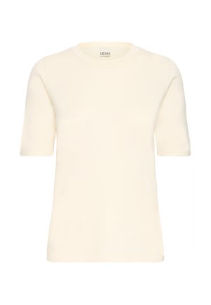 Maglietta a maniche corte color crema in maglia a coste con scollo tondo e etichetta del marchio "ICHI" sul colletto.