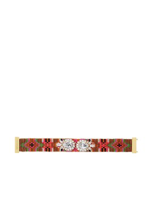 Beaded bracelet with geometric patterns in brown, pink, green, and gold, featuring two large teardrop crystals surrounded by smaller clear stones.