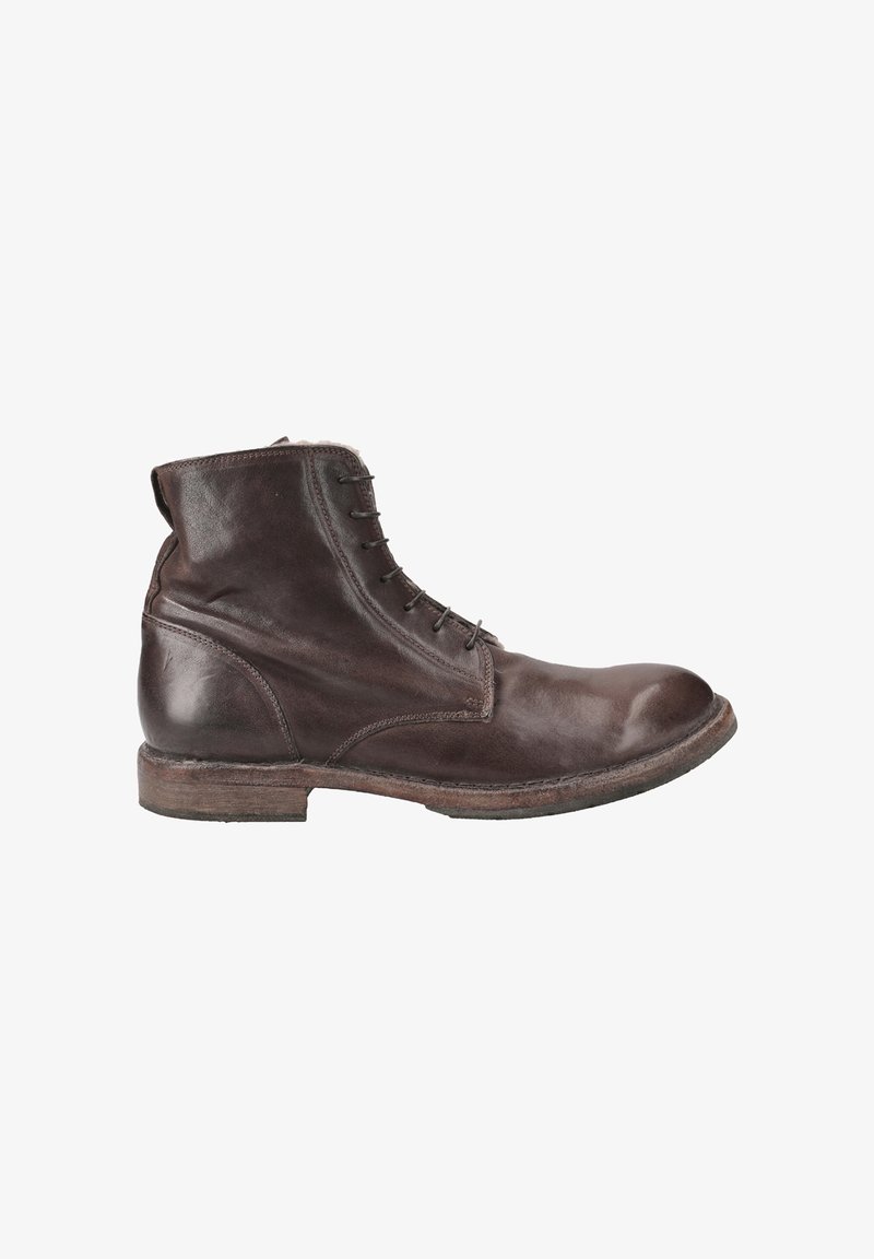 Brown leather ankle boot with a rounded toe, featuring five eyelets for laces, soft texture, and a low stacked wooden heel.