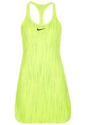 Fluoreszierendes gelbes Nike Racerback Tanktop mit subtil gemustertem vertikalem Streifen und schwarzem Swoosh-Logo auf der Brust.