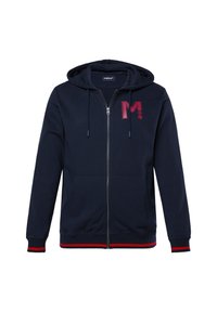 Felpa con zip color navy, dotata di cappuccio e tasche frontali, con dettagli rossi. Presenta una grande lettera "M" color bordeaux sul petto. Realizzata in tessuto morbido.
