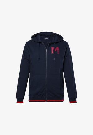 Marineblaues Zip-Hoodie mit Kapuze, vorderen Taschen und roten Akzenten. Auf der Brust befindet sich ein großes weinrotes "M". Hergestellt aus weichem Stoff.
