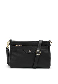 Borsa a tracolla in pelle nera con una texture granulosa, hardware dorato, tasca frontale con zip e tracolla regolabile.