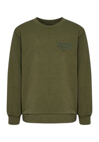 Olivgrön sweatshirt med långa ärmar, rund halsringning och en liten blå "hummel"-logotyp på bröstet. Mjuk textur.