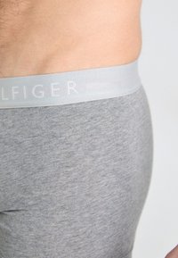 Boxers gris avec une taille élastique douce arborant le logo "TOMMY HILFIGER". Le tissu présente une apparence lisse et texturée.