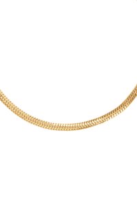 Guld kæde med en flad, sammenflettet design, der har en glat overflade og en blank finish, måler cirka 2,5 mm i bredde.