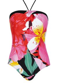 Eén-delig badpak met bloemmotief, featuring levendige rode, roze en gele bloemen op een zwarte achtergrond, met verstelbare zwarte banden.