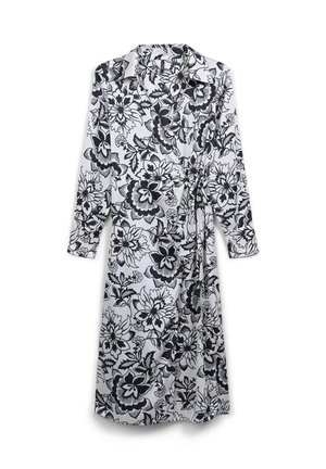 Blumenkleid in Schwarz und Weiß, mit langen Ärmeln, einem Kragen und einer gebundenen Taille. Der Stoff hat eine glatte Textur mit einem auffälligen Blumenmuster.
