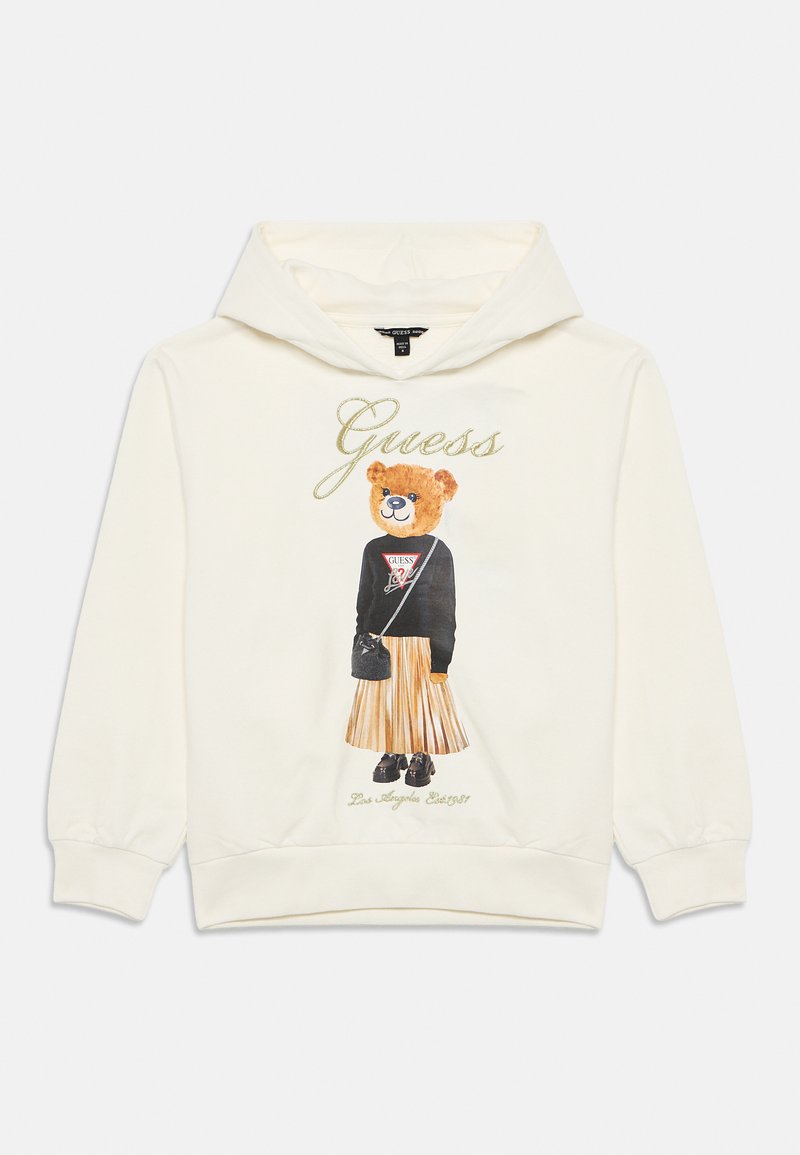 Hoodie color crema con una grafica di un orso, lettere nere e un design a gonna plissettata. Texture morbida con polsini e orlo a coste.