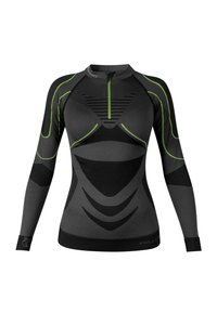 Long-sleeve athletic shirt in black with green accent lines, featuring a high collar, zippered neck, and textured panel detailing.