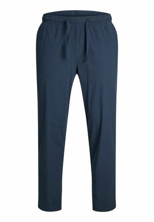 Pantaloni blu navy realizzati in morbido tessuto, con vita elasticizzata e cordoncino, gambe affusolate e senza tasche visibili.