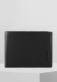 Black leather wallet with a textured surface, rectangular shape, contrasting stitching, and embossed brand logo on the front.