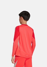 Rotes sportliches Langarmshirt mit einfarbigem, glattem Material, figurbetontem Design und kontrastierenden hellgrauen Akzenten an den Seiten.